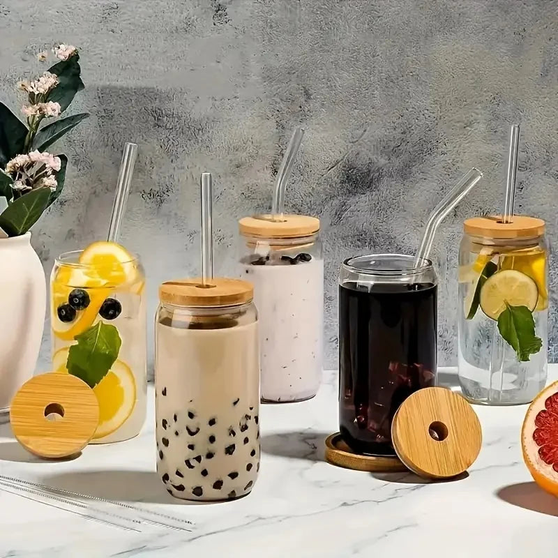 Can-Shaped Glass Cups with Lids & Straws