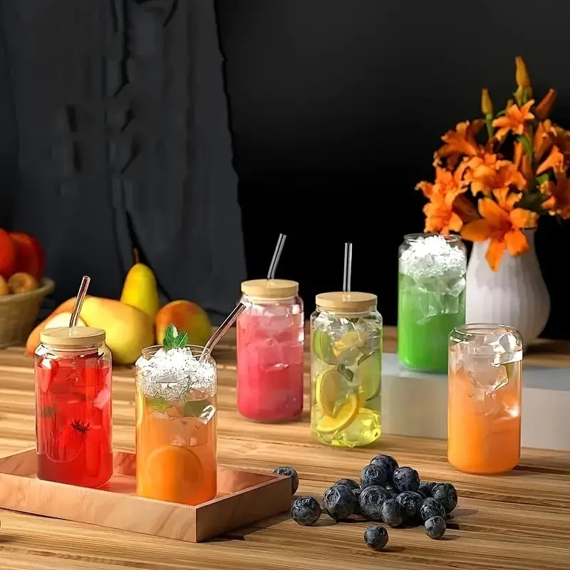 Can-Shaped Glass Cups with Lids & Straws