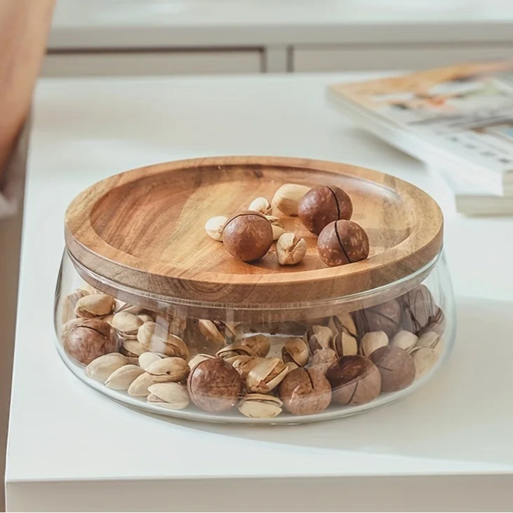 Glass Food Storage Jar with Wooden Tray & Lid
