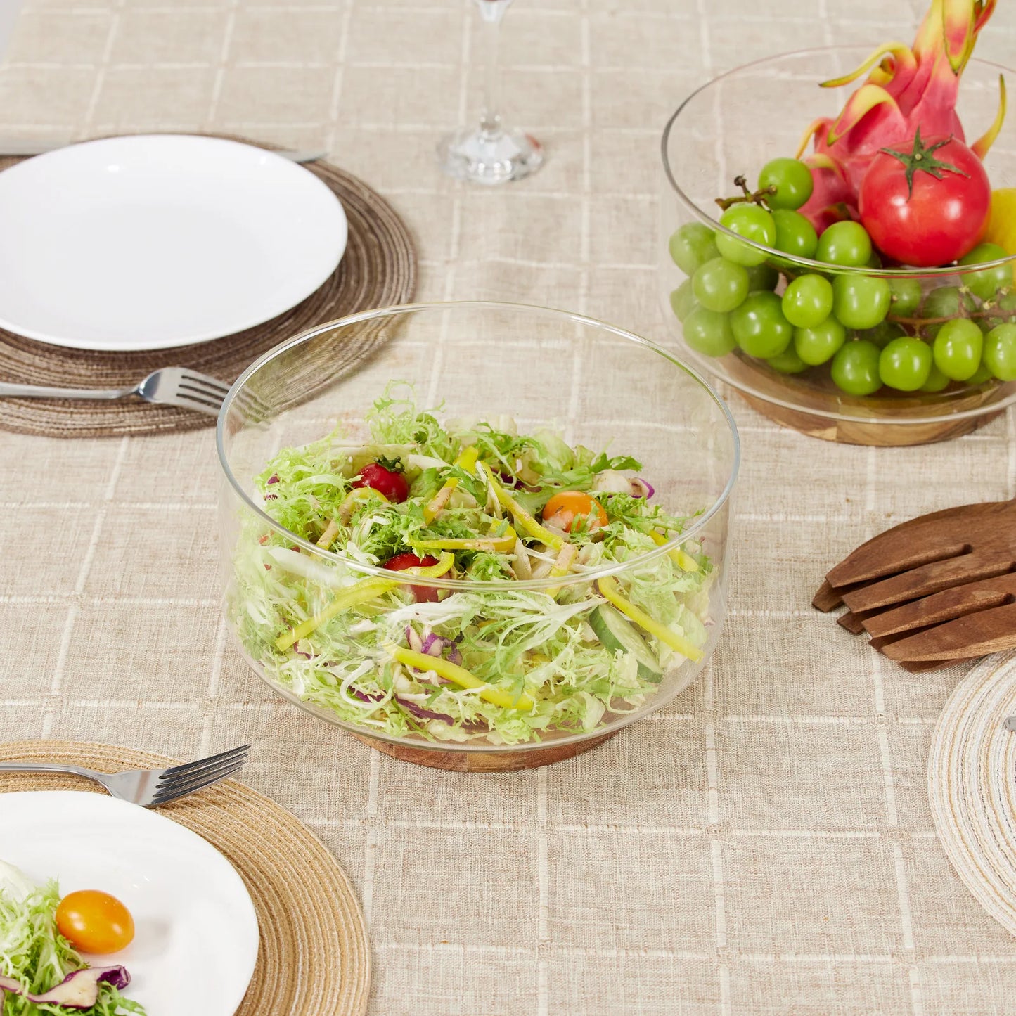 Glass Fruit & Salad Bowl with Wooden Base