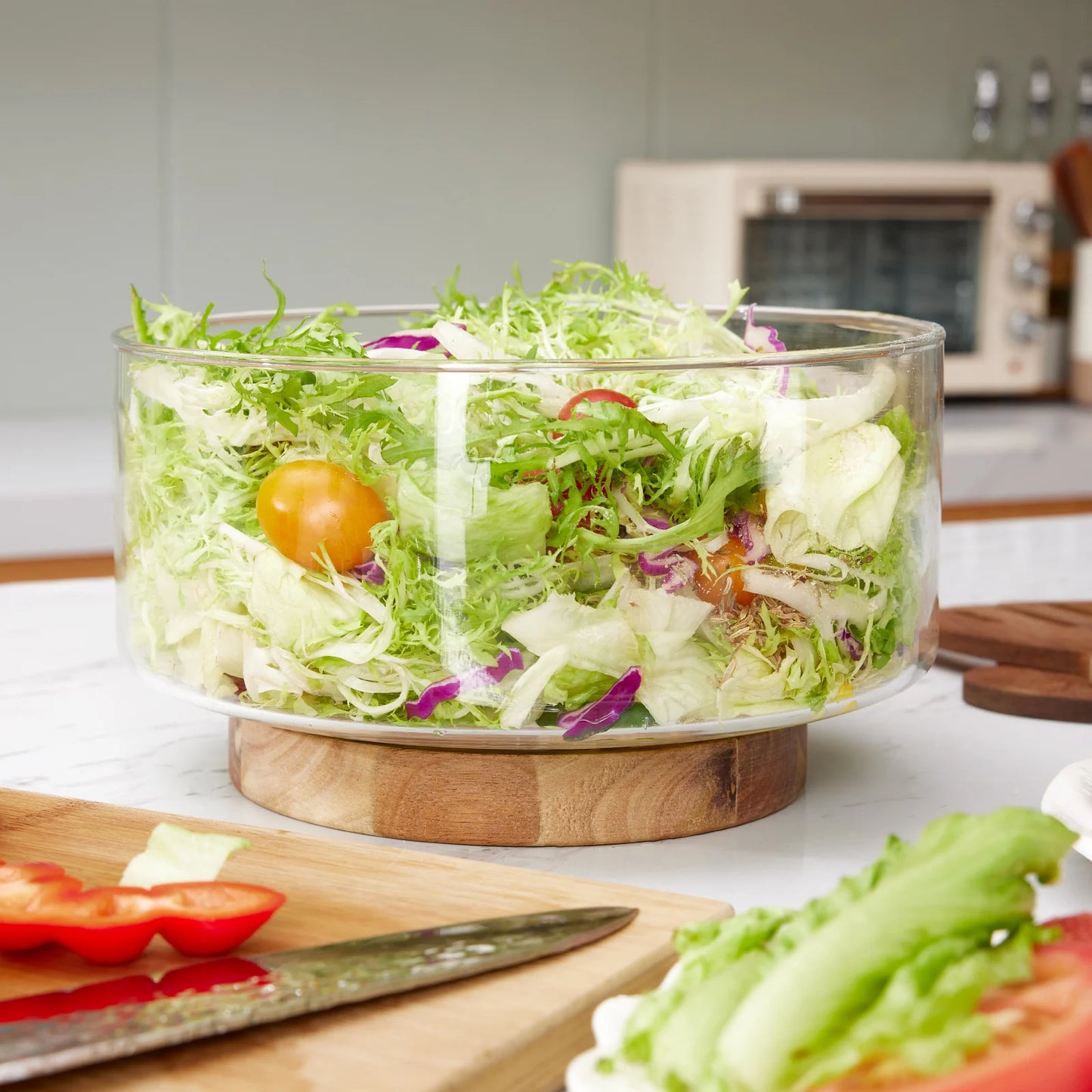 Glass Fruit & Salad Bowl with Wooden Base