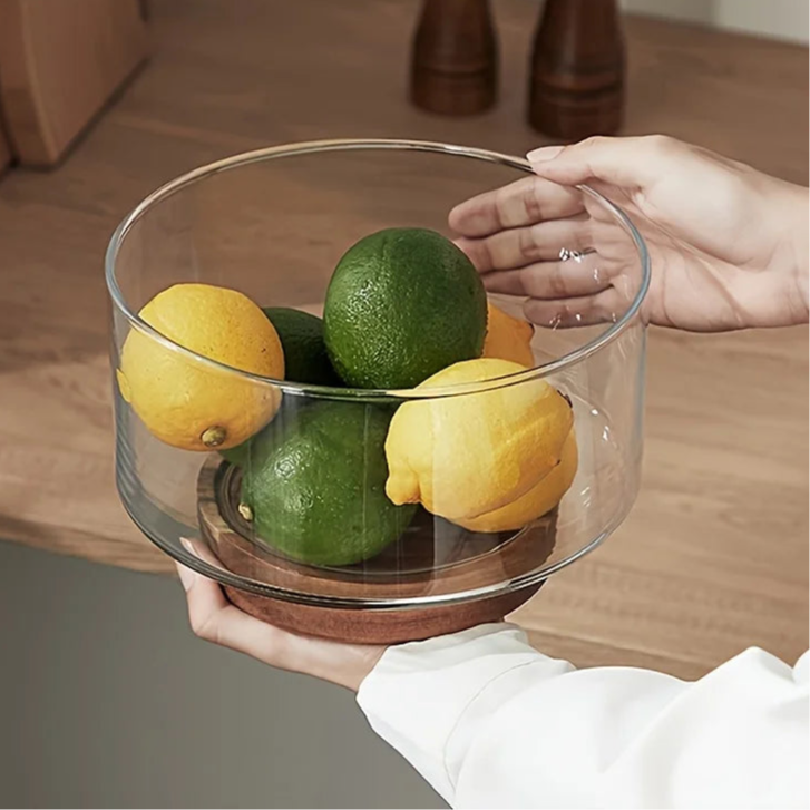 Glass Fruit & Salad Bowl with Wooden Base