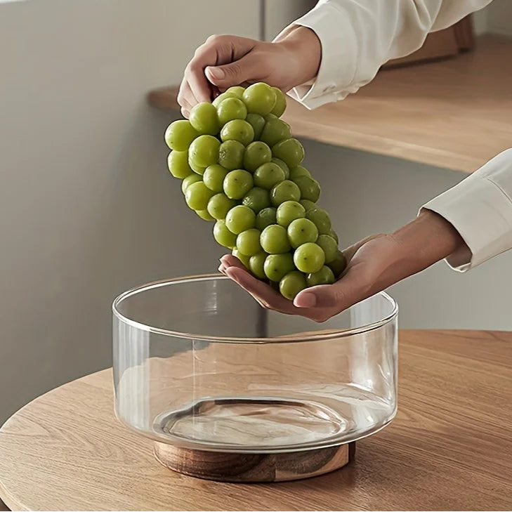 Glass Fruit & Salad Bowl with Wooden Base