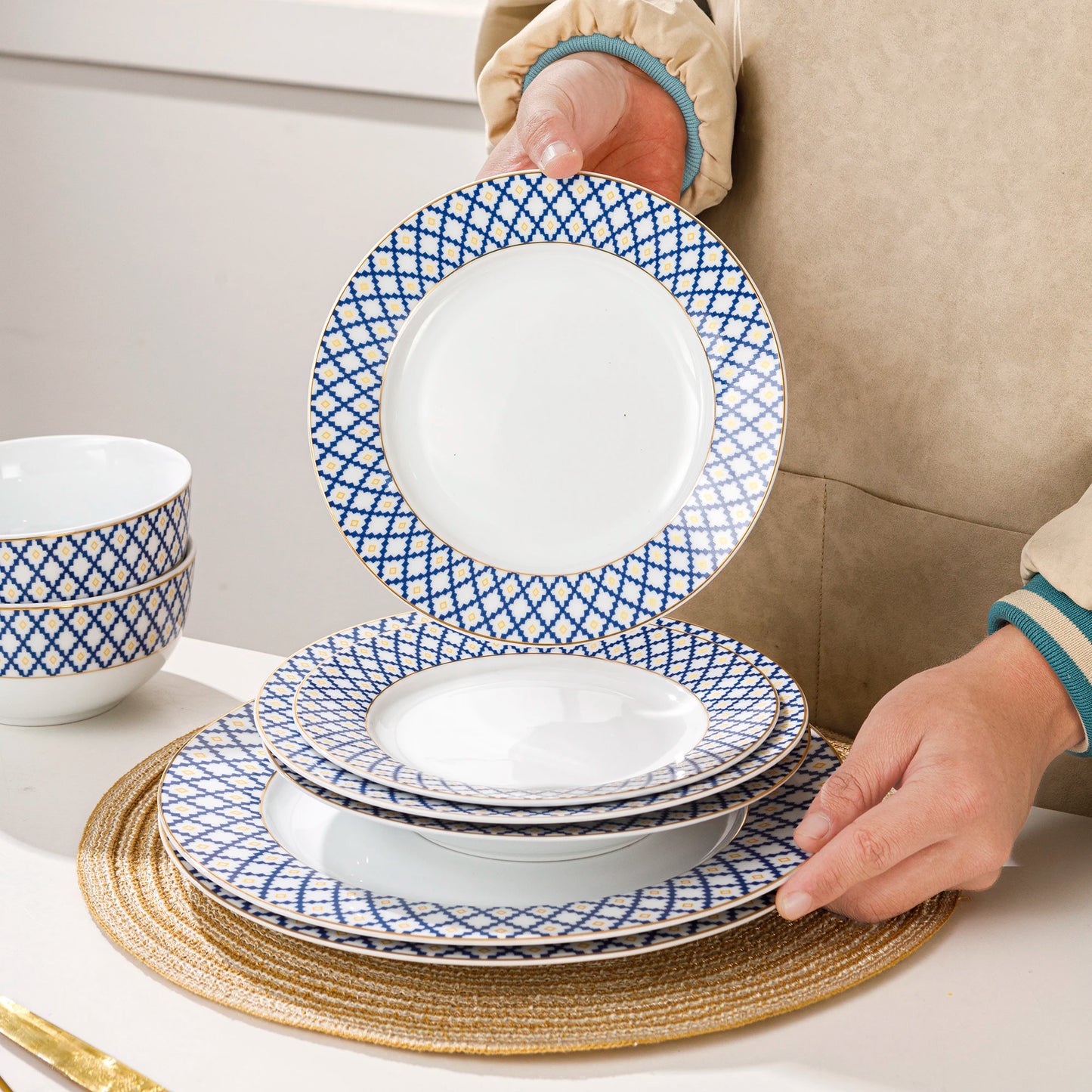 Porcelain Blue & Gold Dinnerware Set