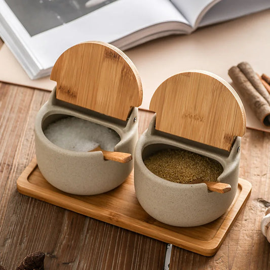 Minimalist Ceramic Spice Jar Set with Wooden Lids