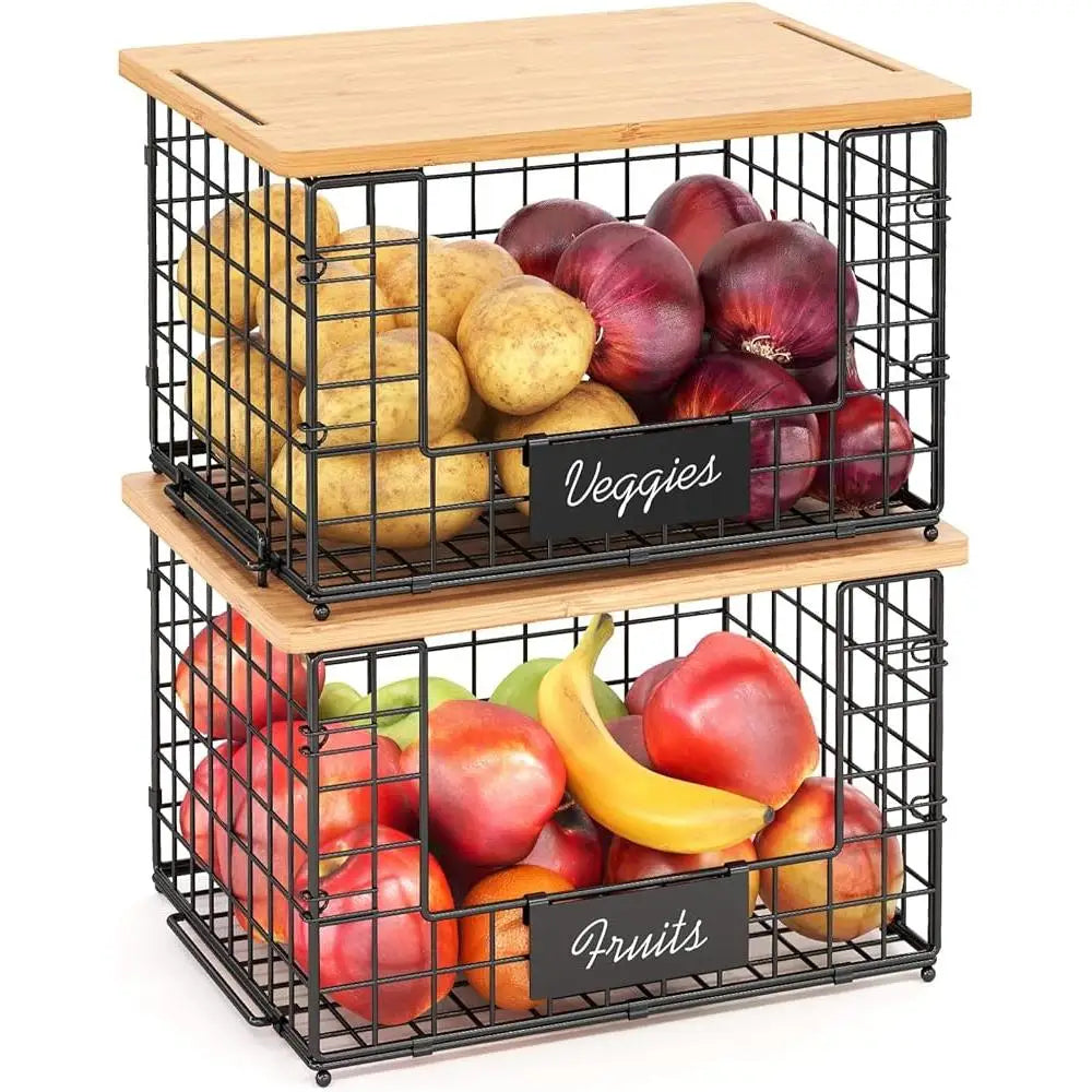 2-Pack Stackable Wire Baskets with Bamboo Lids – Kitchen & Pantry Organizers