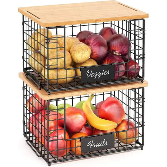 2-Pack Stackable Wire Baskets with Bamboo Lids – Kitchen & Pantry Organizers