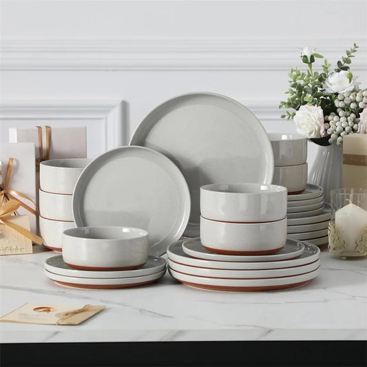 Grey Porcelain Dinnerware Set with Plates and Bowls