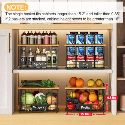 2-Pack Stackable Wire Baskets with Bamboo Lids – Kitchen & Pantry Organizers