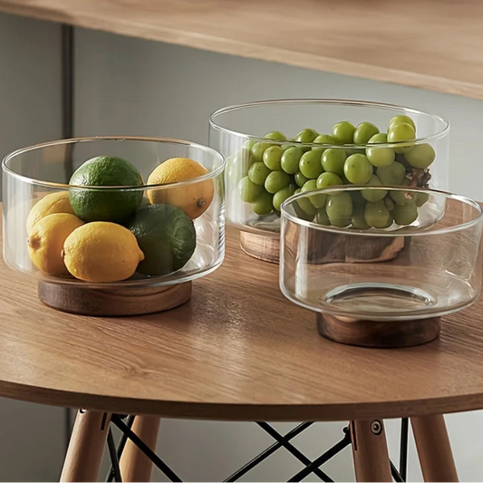 Glass Fruit & Salad Bowl with Wooden Base