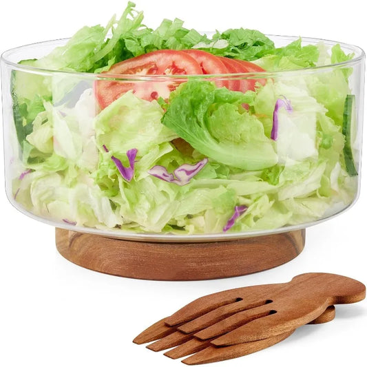 Glass Salad Bowl with Wooden Base