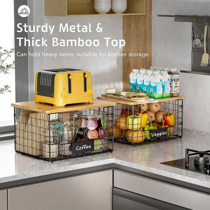 2-Pack Stackable Wire Baskets with Bamboo Lids – Kitchen & Pantry Organizers